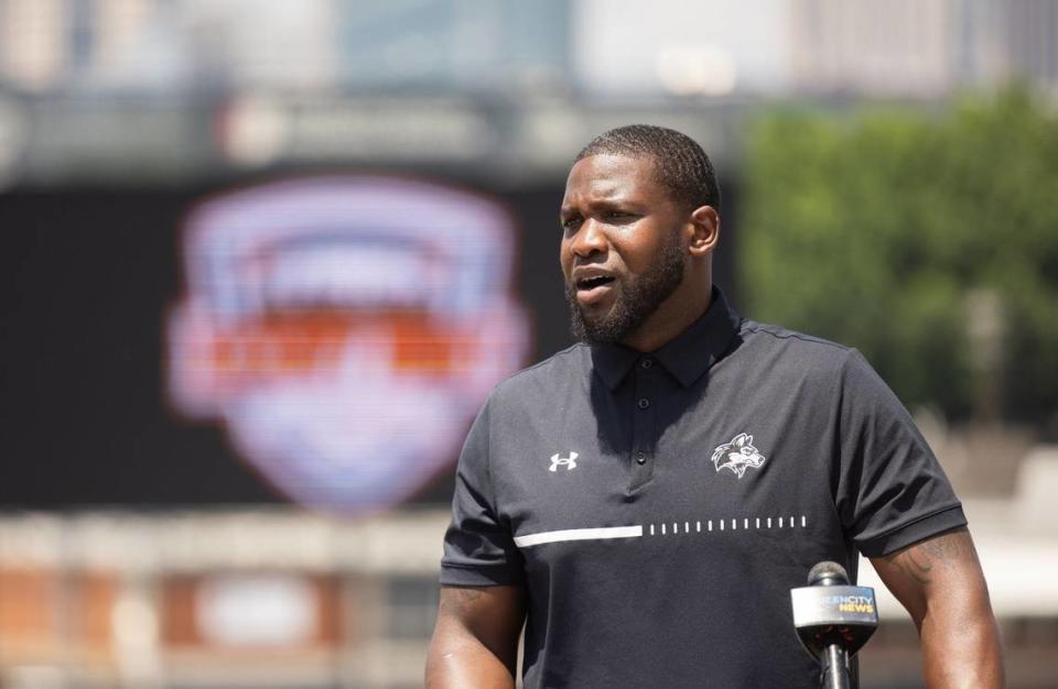 Hough’s coach DeShawn Baker, speaks after his team was announced to play during the Charlotte Kickoff Classic at Memorial Stadium in Charlotte, N.C., on Tuesday, May 7, 2024.