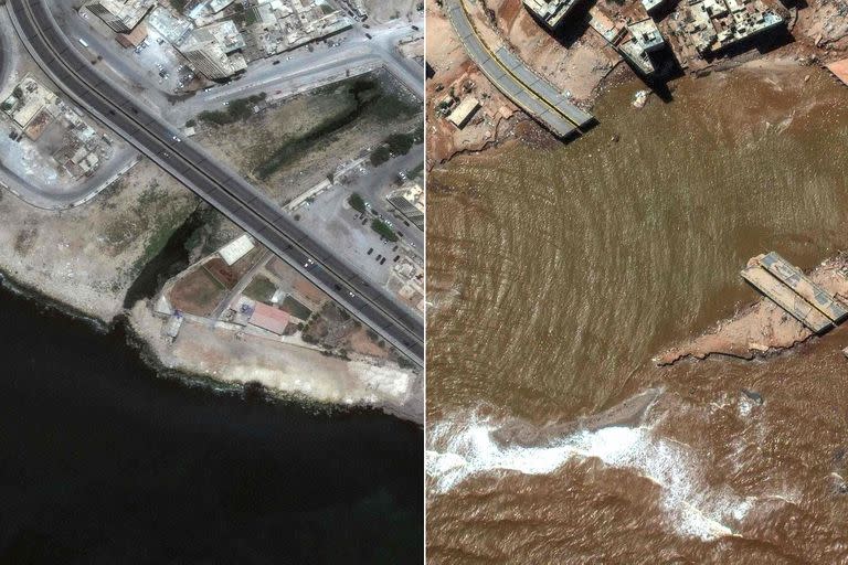 Vista aérea de una zona de Derna, Libia, antes y después del paso de la devastadora inundación