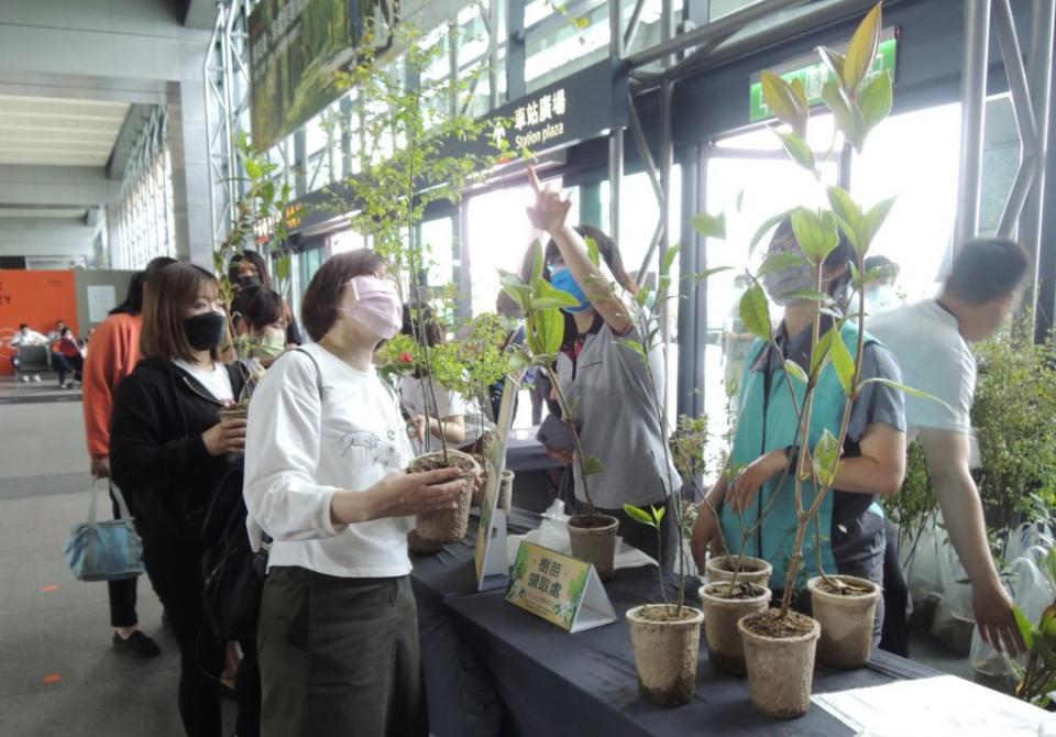 高鐵台中站響應世界地球日，昨日舉辦「共植美好」活動贈送樹苗，民眾反應踴躍。（記者陳金龍攝）