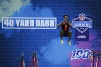 Mar 2, 2019; Indianapolis, IN, USA; Ohio State wide receiver Parris Campbell (WO08) jumps up to stretch before running the 40 yard dash during the 2019 NFL Combine at Lucas Oil Stadium. Mandatory Credit: Brian Spurlock-USA TODAY Sports - 12268385