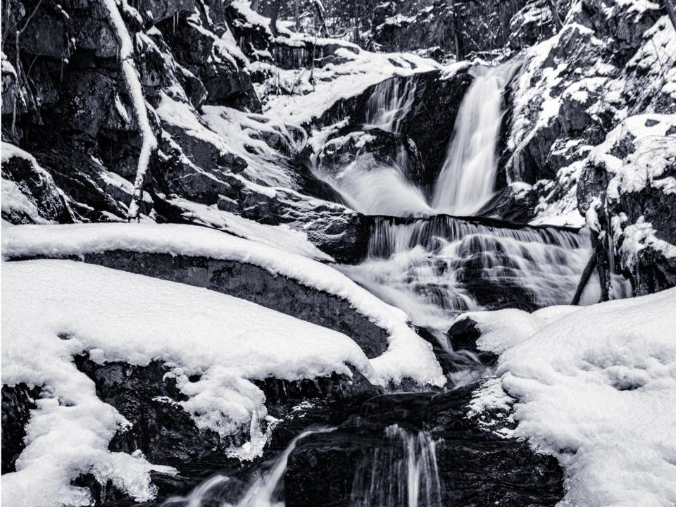 Winter-time hiking to the Sanderson Brook Falls in Chester, Massachusetts.