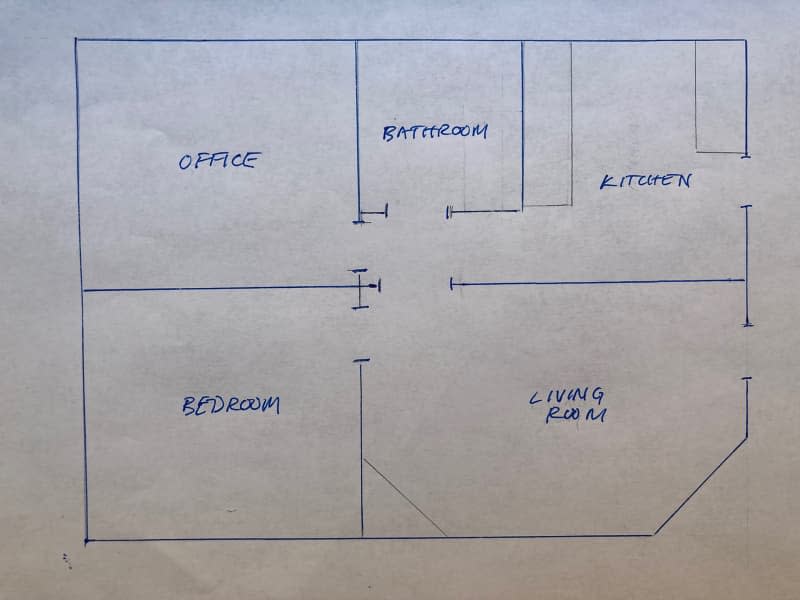 Hand drawn apartment floor plan.