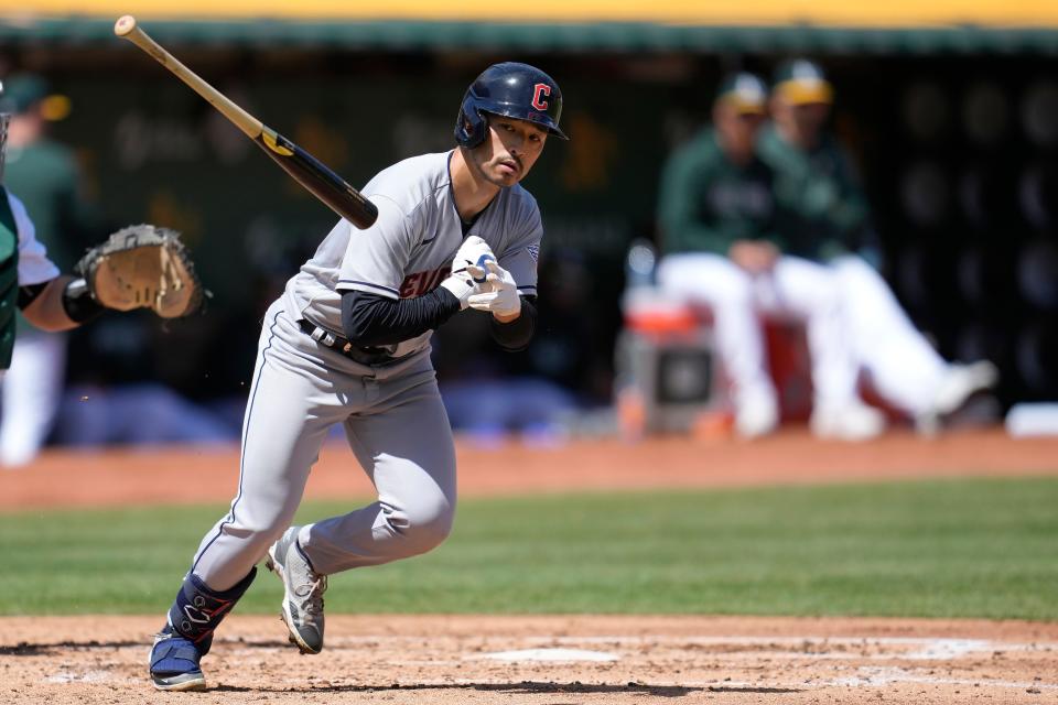 Cleveland Guardians' Steven Kwan draws a walk during the third inning against the A's in Oakland, Wednesday, April 5, 2023.