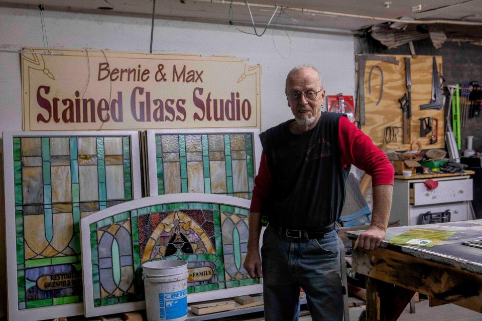 Bernie Evans stands in the basement of Bernie & Max Stained Glass Studio on Jan 26, 2023 in Chillicothe, Ohio. 