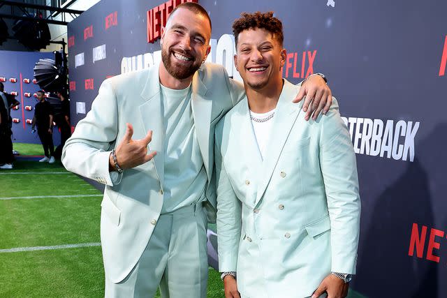 <p>Randy Shropshire/Getty Images</p> Travis Kelce and Patrick Mahomes at the Netflix Premiere of "Quarterback"