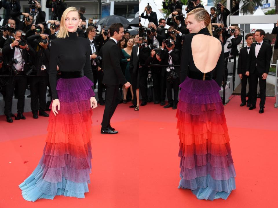 Blanchett suele añadir un toque de color a sus estilismos. Nos encanta este <em>outfit </em>de Givenchy que escogió para el Festival de Cannes 2018, con el que dejó claro que los tonos llamativos también pueden ser elegantes. (Foto: Venturelli / Getty Images)