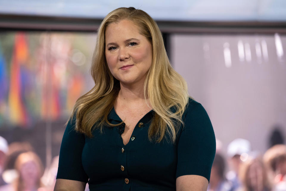 Amy Schumer wearing a buttoned-up top, with a confident smile, posing indoors