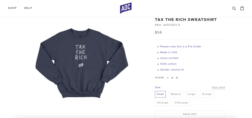 <p>AOC responds to criticism over $58 ‘Tax the Rich’ sweatshirt </p>shop.ocasiocortez.com