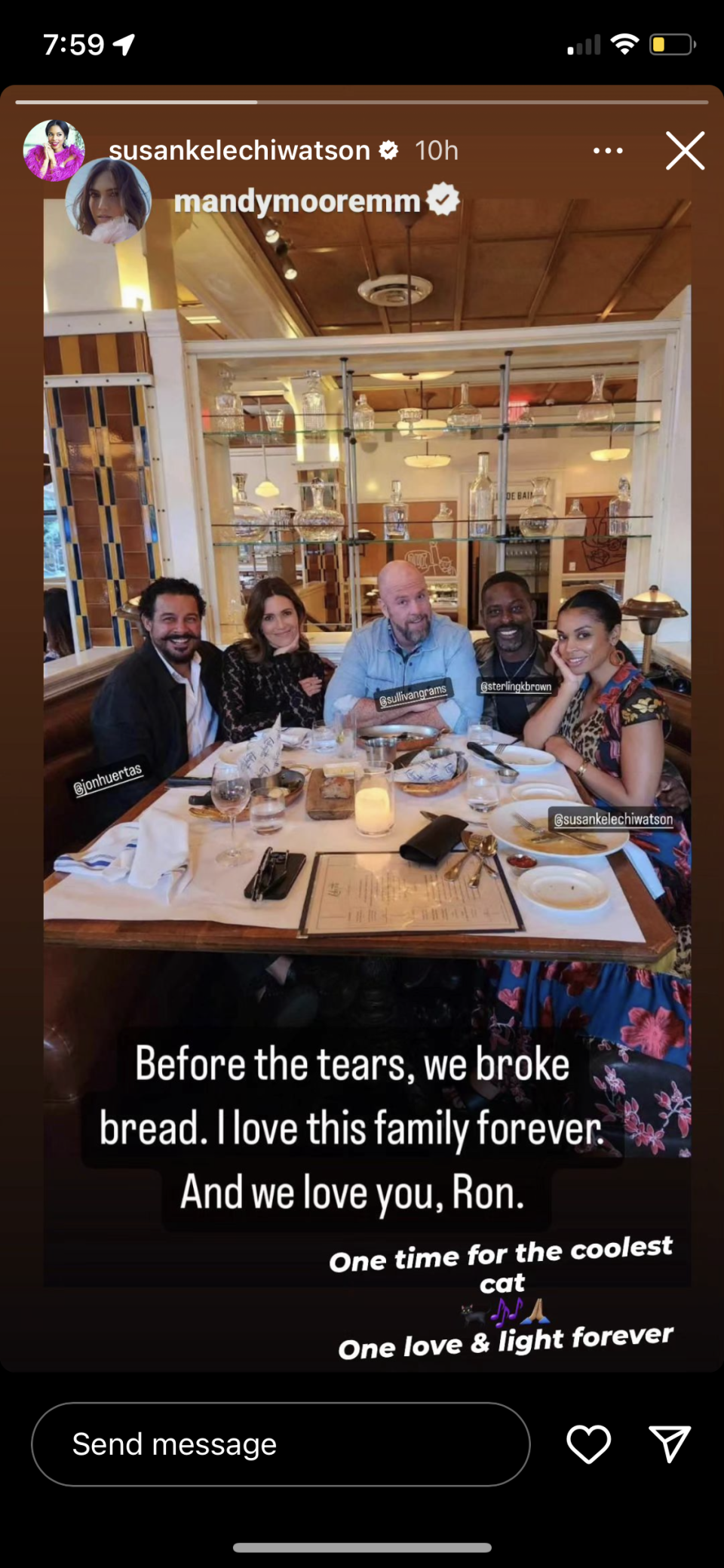 Mandy Moore and Susan Kelechi Watson reposting the photo Chris Sullivan shared on their Instagram story. (Instagram story)