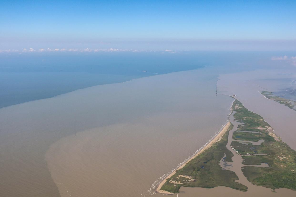 Murky, sediment-rich Mississippi River water mixes with fresh saltwater in the Gulf of Mexico. Nutrient runoff from 41% of the United States flows down the Mississippi, creating a “dead zone.”