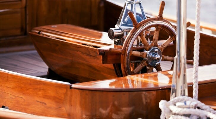 Wheel and binnacle on a beautiful wooden sailing yacht
