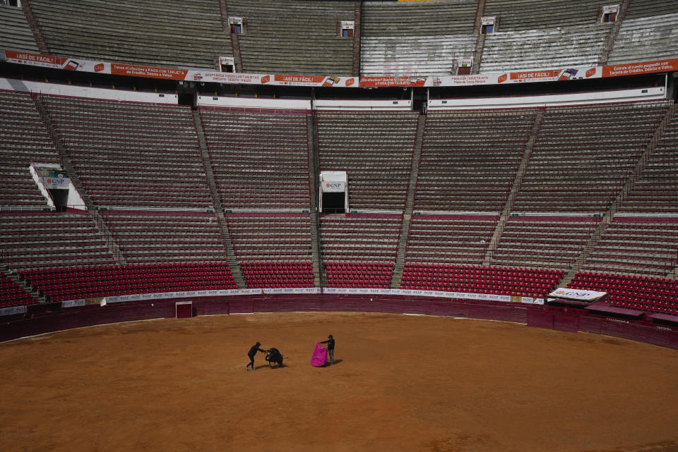 Bullfighters practice at the Plaza de Toros Mexico bullring in Mexico City, Tuesday, Dec. 12, 2023. The spectacle took a critical blow in 2022 when a judge banned bullfighting in Mexico City, but now that the country's Supreme Court of Justice has overturned the ban, the controversial sport is set to return to the capital, home to what is billed as the world's largest bullfighting ring. (AP Photo/Fernando Llano)