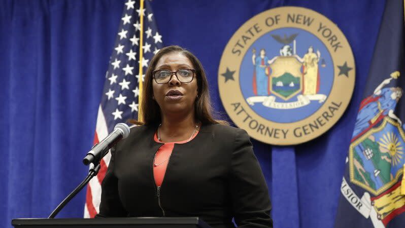 In this Aug. 6, 2020 file photo, New York State Attorney General Letitia James addresses the media during a news conference in New York. (AP Photo/Kathy Willens, File)