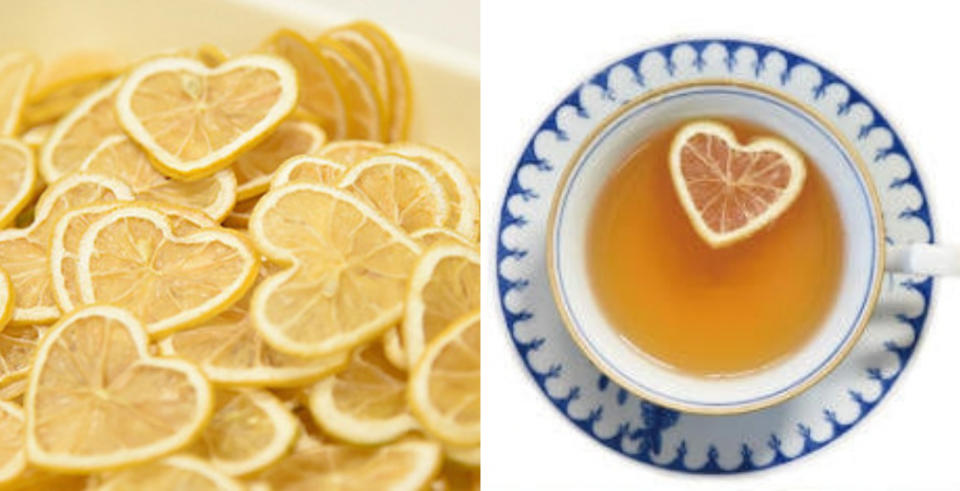 心型乾燥檸檬片漂浮在紅茶上，搭配那香純不酸澀的茶香，送禮、待客都超合適！