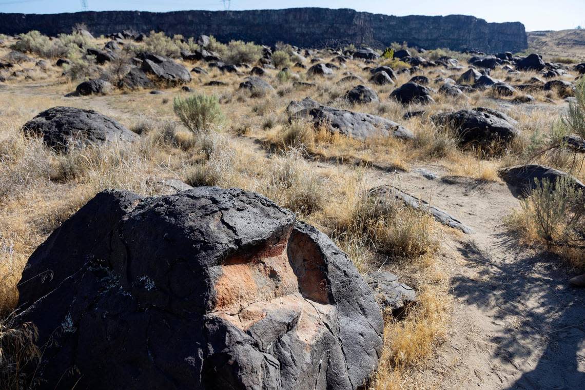 The rock at the bottom left of the image shows the patination— the change of color from the rust colored inside to the dark outside.