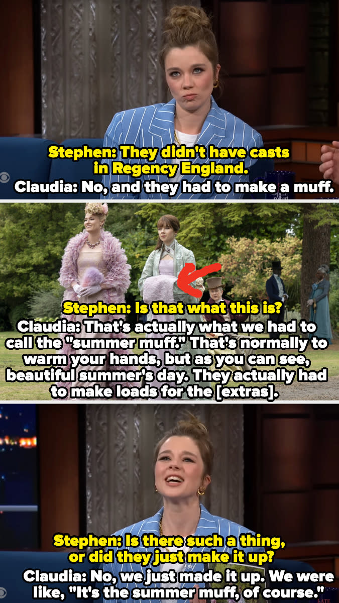 Stephen and Claudia joke about historical muffs on a TV show, discussing their invention as warm hand accessories in place of summer casts