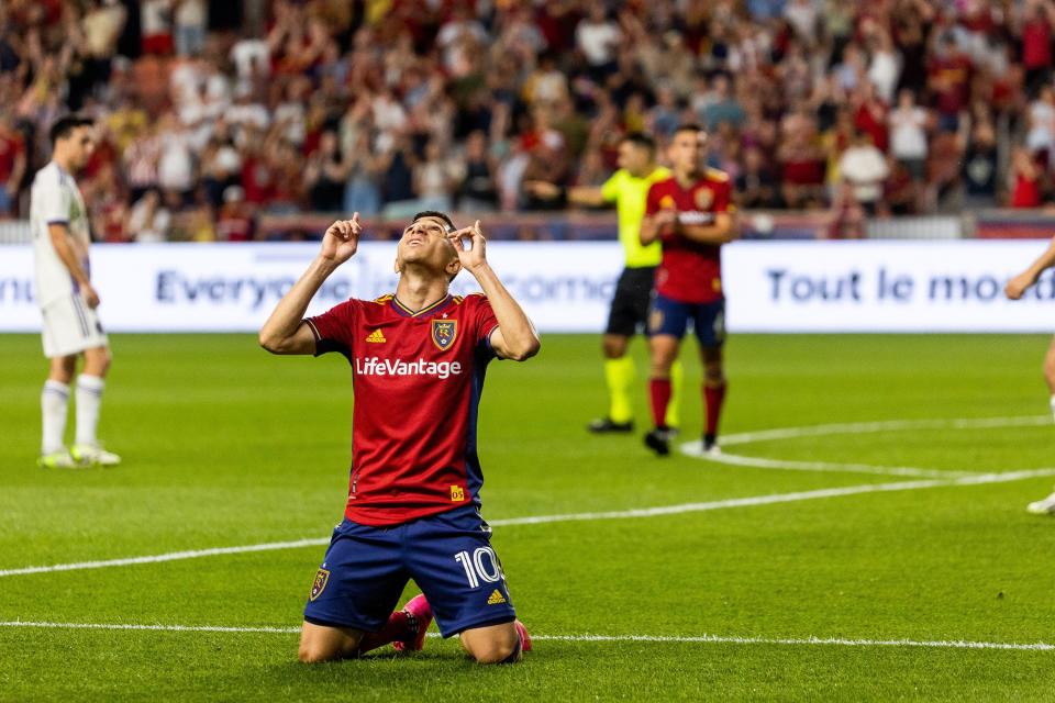 Jefferson Savarino celebrates after his goal for Real Salt Lake in the match against Orlando City at the America First Field in Sandy on Saturday, July 8, 2023. | Megan Nielsen, Deseret News