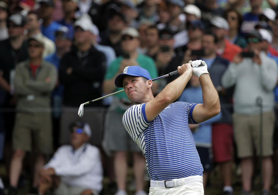 Paul Casey of England hits off the 17th tee during the final round of the PGA Championship golf tournament, Sunday, May 19, 2019, at Bethpage Black in Farmingdale, N.Y. (AP Photo/Seth Wenig)