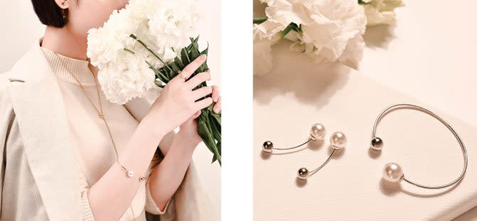 [母親節禮盒套組] 極簡時尚設計款 – 珍珠耳環手環限量套組 （銀） 極簡美學系列的熱銷款/Ｍajorica提供