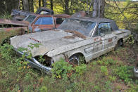 <p>Here's another bird that’s had its wings clipped. It’s a 1965 Ford Thunderbird, which was the first year the model received disc brakes. Also new that year were sequential turn signals - <strong>an industry first</strong> - and simulated front fender vents. This is a landau, which featured a vinyl roof and some wood-grain interior enhancements. Sales were down on the previous year, with some would-be T Bird buyers choosing a newly launched Mustang instead. </p>