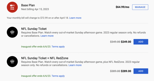 TV sets NFL Sunday Ticket pricing