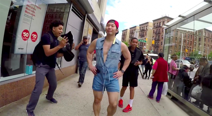 Guy wears romper in New York City. (Photo: Facebook/QPark)