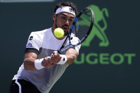 Mar 31, 2017; Miami, FL, USA; Fabio Fognini of Italy hits a backhand against Rafael Nadal of Spain (not pictured) during a men's singles semi-final in the 2017 Miami Open at Brandon Park Tennis Center. Nadal won 6-1, 7-5. Geoff Burke-USA TODAY Sports