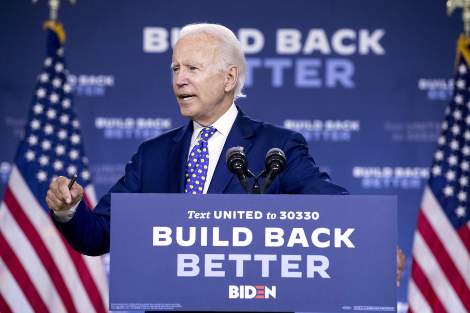 Democratic presidential candidate former Vice President Joe Biden speaks at a campaign event at the William "Hicks" Anderson Community Center in Wilmington, Del., Tuesday, July 28, 2020.(AP Photo/Andrew Harnik)