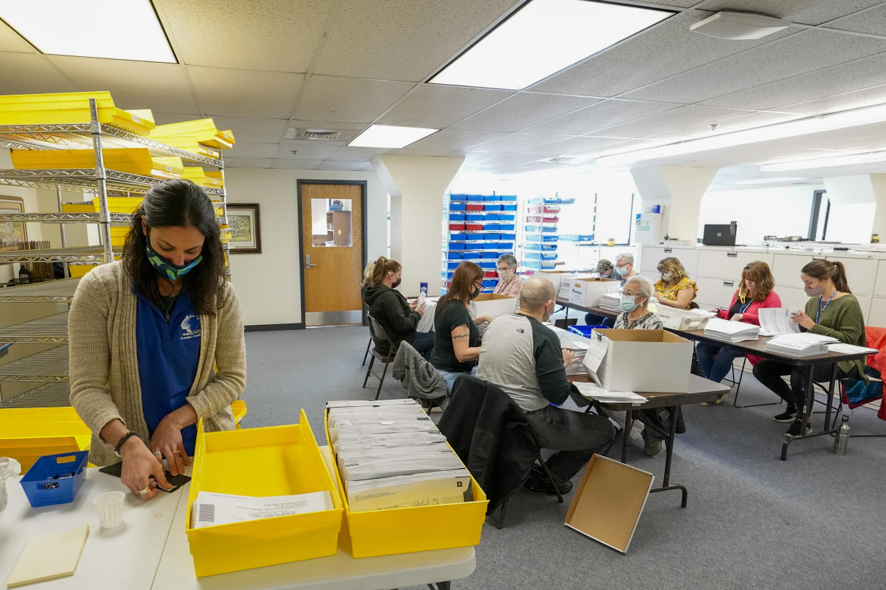 Monroe County municipal workers count ballots on Thursday, Nov. 5, 2020, in Stroudsburg, Pa. (Mary Altaffer/AP)