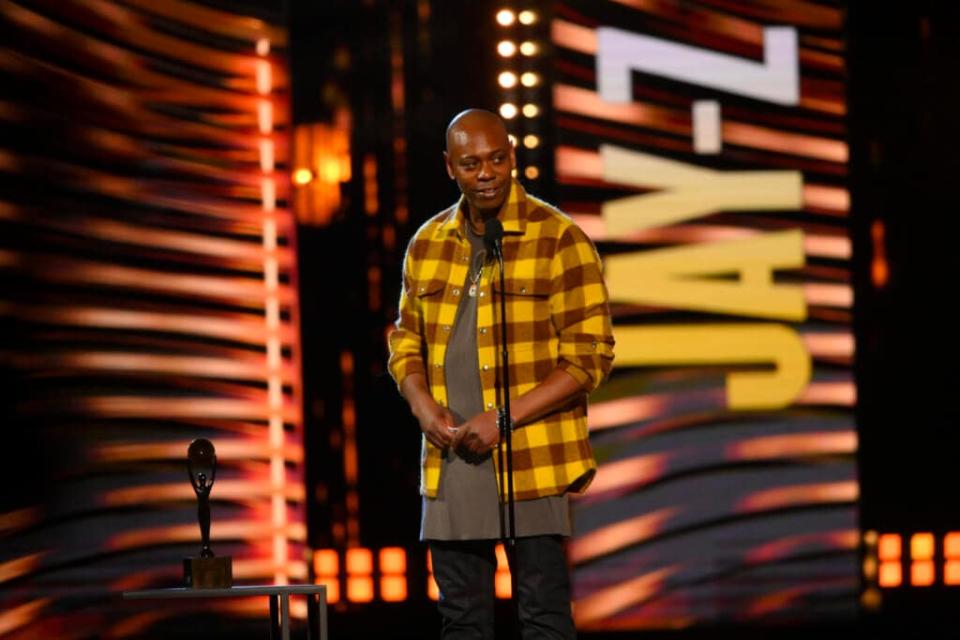 Dave Chappelle, presenter for JAY-Z, speaks during the Rock & Roll Hall of Fame induction ceremony, Saturday, Oct. 30, 2021, in Cleveland. (AP Photo/David Richard, File)