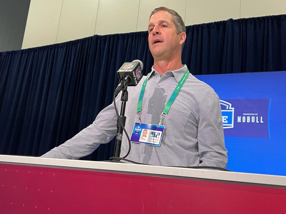 Baltimore Ravens coach John Harbaugh addresses reporters at the NFL Combine in Indianapolis on Feb. 27, 2024.