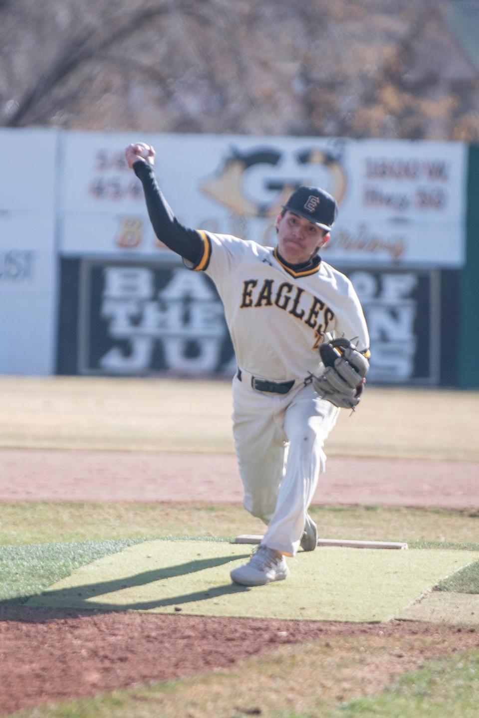 Pueblo East's Matt Casillas fires off a pitch during a game against Lutheran on March 23.