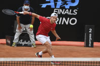 Argentina's Diego Sebastián Schwartzman returns the ball to Serbia's Novak Đjoković during their final match at the Italian Open tennis tournament, in Rome, Monday, Sept. 21, 2020. (Alfredo Falcone/LaPresse via AP)