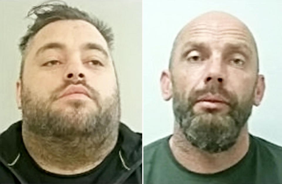 Ashley Grundy, left, and Steven Robinson, right, were jailed for 19 months for decapitating a pet dog. (SWNS)