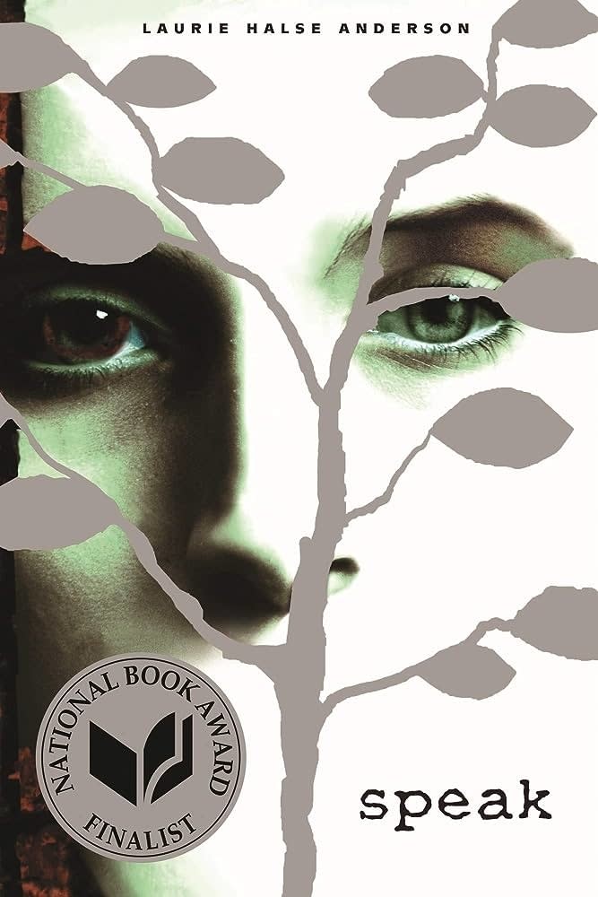 Book cover of 'Speak' by Laurie Halse Anderson featuring partial face obscured by tree branches, with National Book Award badge