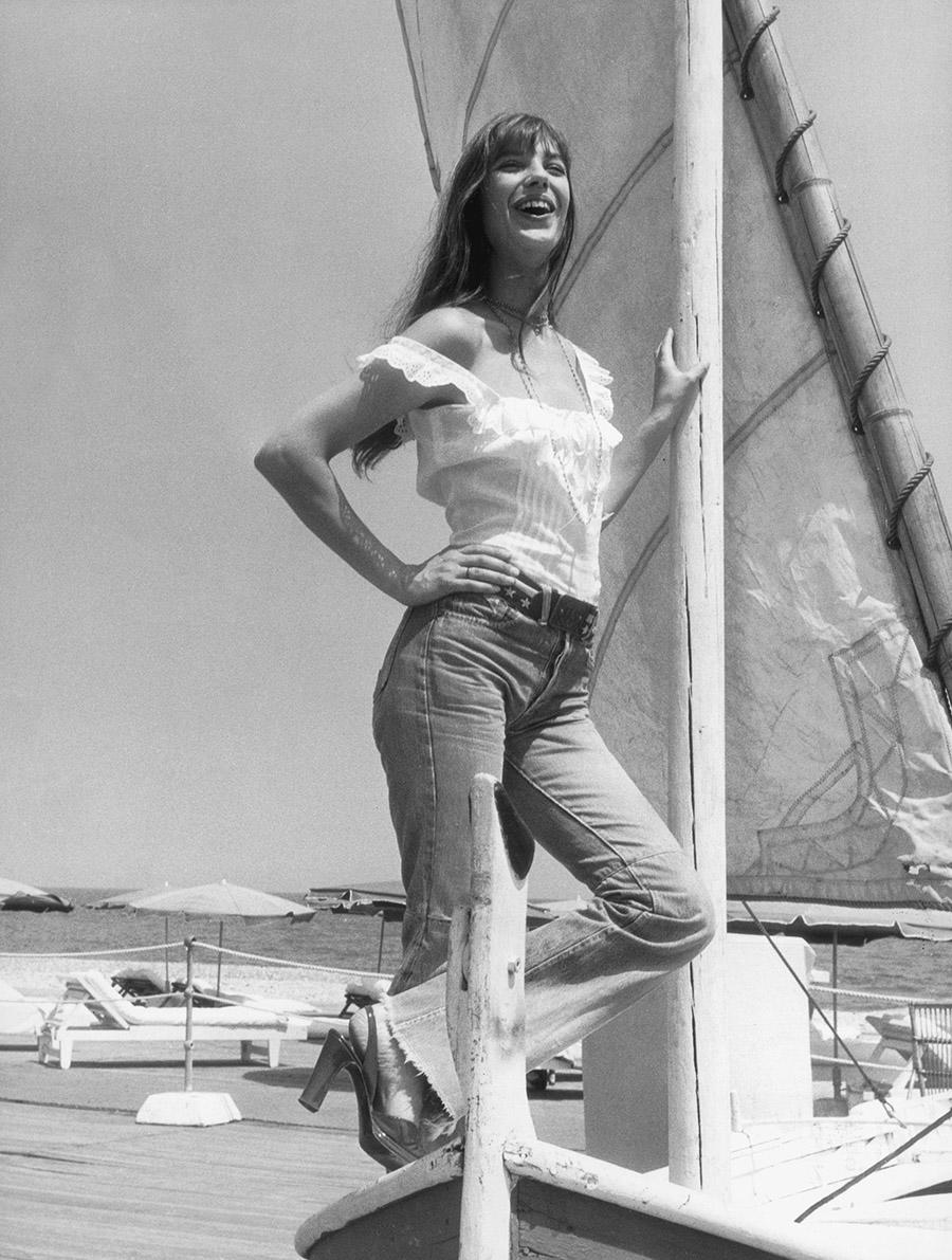English actress Jane Birkin was a big style icon during the 60’s and 70’s and iconically has an Hermès bag named after her; Birkin was often seen wearing jeans; here she is in France in 1973.