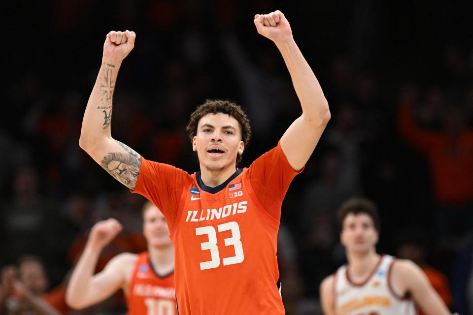 Mar 28, 2024; Boston, MA, USA; Illinois Fighting Illini forward Coleman Hawkins (33) reacts against the Iowa State Cyclones in the semifinals of the East Regional of the 2024 NCAA Tournament at TD Garden. Mandatory Credit: Brian Fluharty-USA TODAY Sports