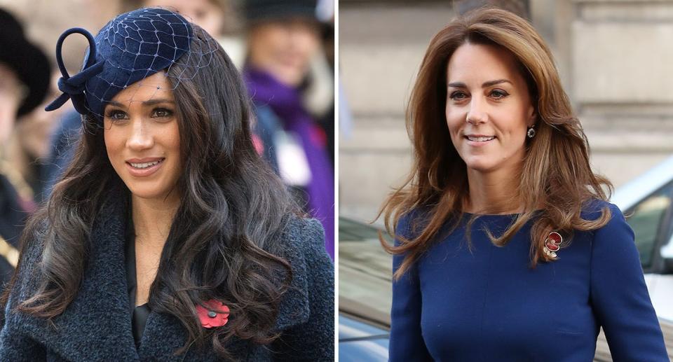 Meghan und Kate zeigten sich beide in ähnlichen Farbtönen, die sie auf unterschiedliche Weise stylten. [Foto: Getty]