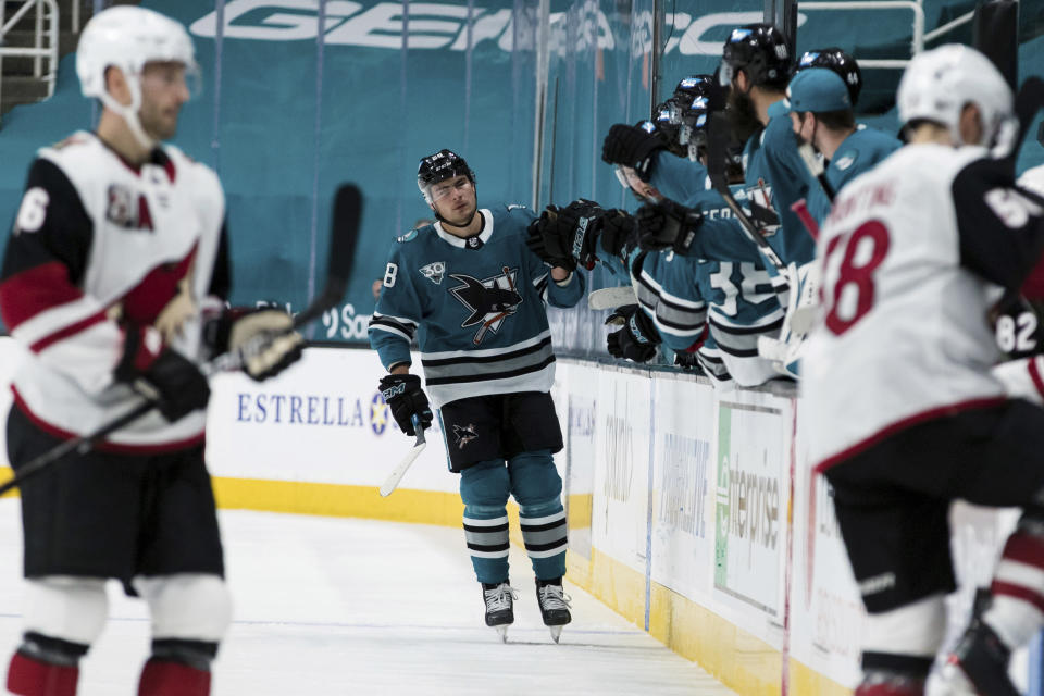 San Jose Sharks right wing Timo Meier (28) is congratulated for his goal against the Arizona Coyotes during the second period of an NHL hockey game in San Jose, Calif., Saturday, May 8, 2021. (AP Photo/John Hefti)