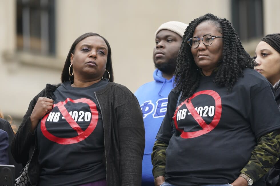 People voicing their opposition to Mississippi House Bill 1020 wear protest t-shirts as they gathered on the steps of the Mississippi Capitol in Jackson, Jan. 31, 2023. A federal judge will consider arguments over racial discrimination, public safety and local democracy as he decides whether to block appointments to a new state-run court in part of Mississippi’s majority-Black capital city set to be created on Monday, Jan. 1, 2024. (AP Photo/Rogelio V. Solis, File)