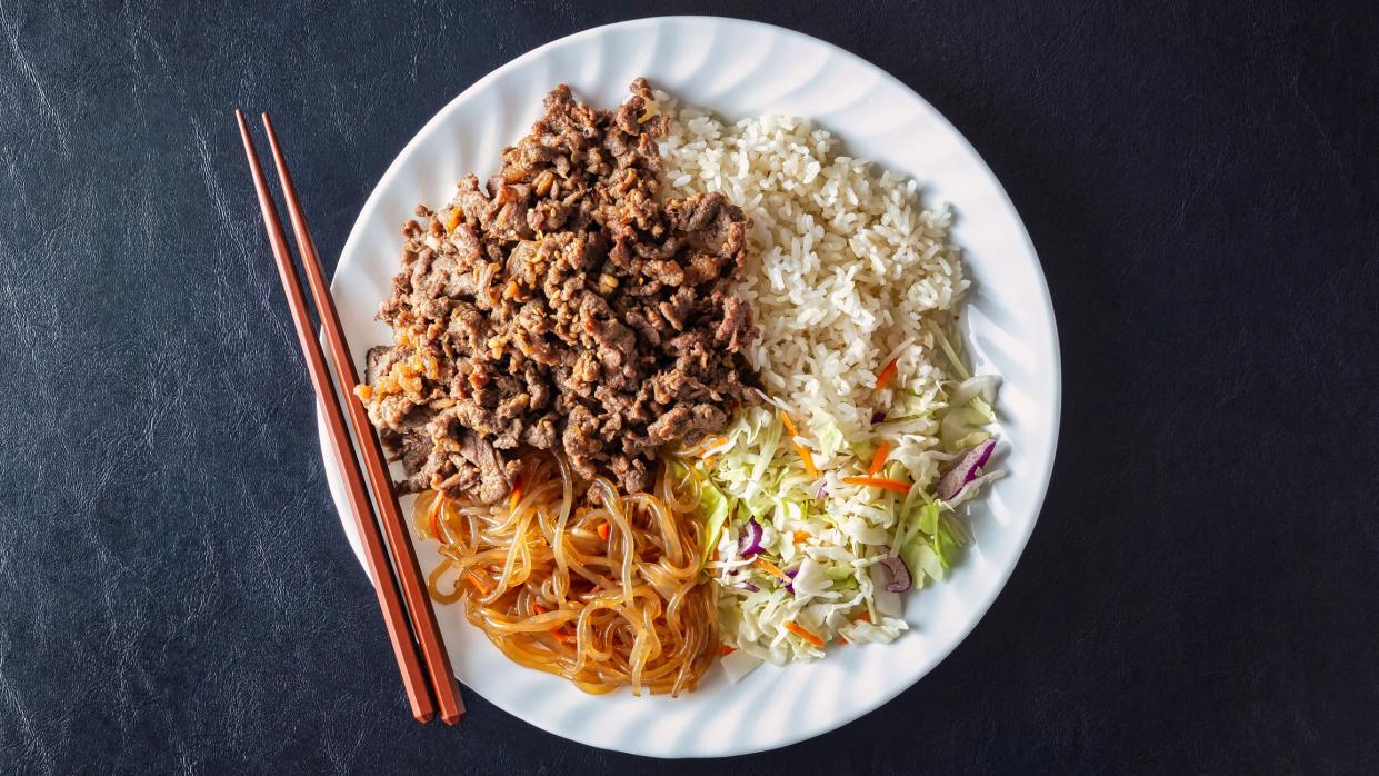 White rice with Bulgogi, salad and Japchae