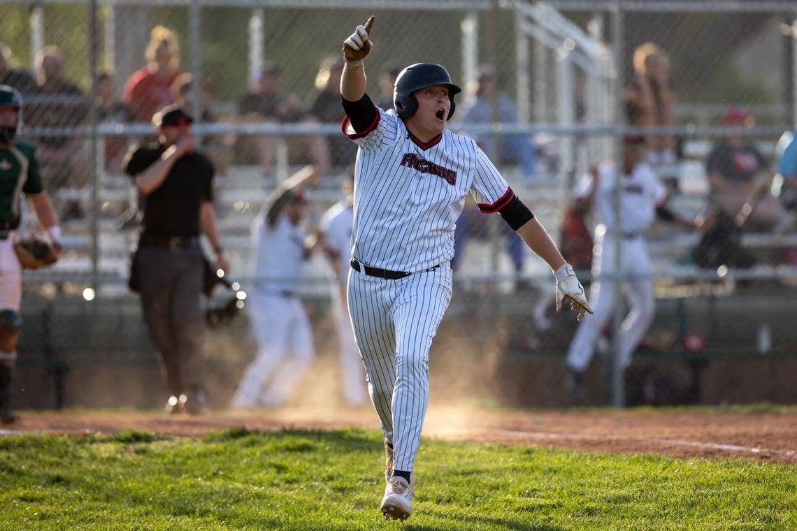 Wichita Heights senior Cooper Oakley celebrates his walk-off home run to knock off Bishop Carroll earlier this season.