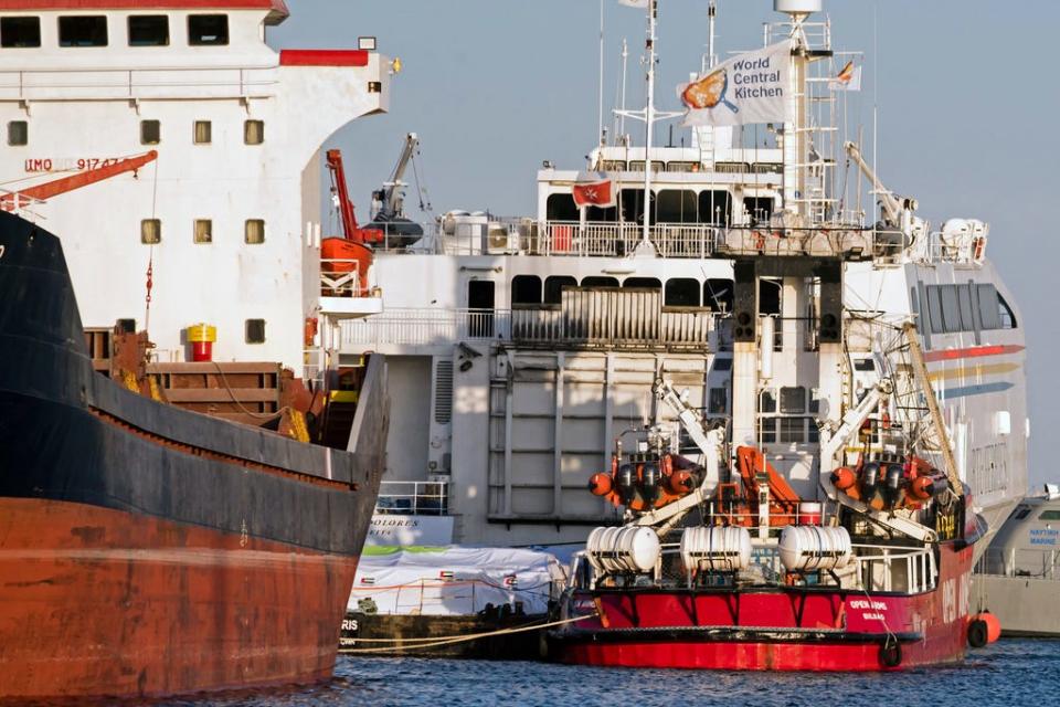 The nongovernmental group Open Arms said its boat, pictured here in the Cypriot port of Larnaca on Monday, would tow a barge with 200 tons of food, which its partner World Central Kitchen would later unload on Gaza's shores.