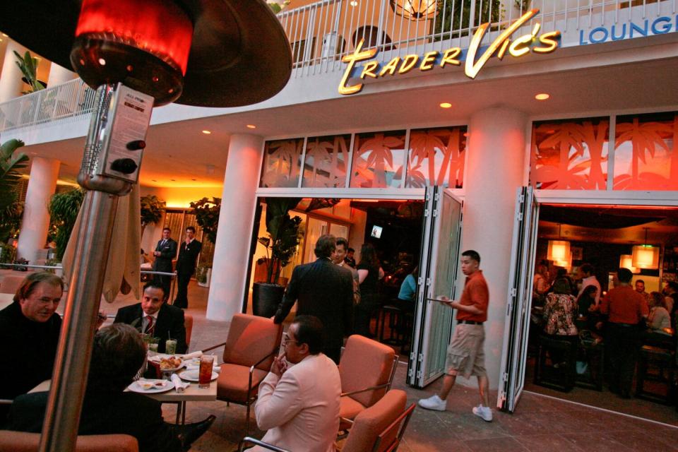 Outside tables at the new poolside Trader Vic's Lounge at the Beverly Hilton hotel pool in Beverly Hills in 2007.