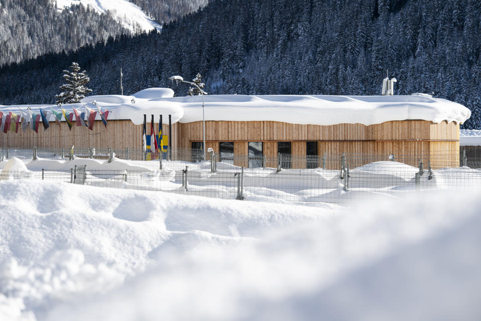 The congress centre, venue for the World Economic Forum, is covered with snow in Davos, Switzerland, Tuesday, Jan. 15, 2019. The World Economic Forum will take place in Davos from Jan. 22, 2019 until Jan. 25, 2019. (Gian Ehrenzeller/Keystone via AP)