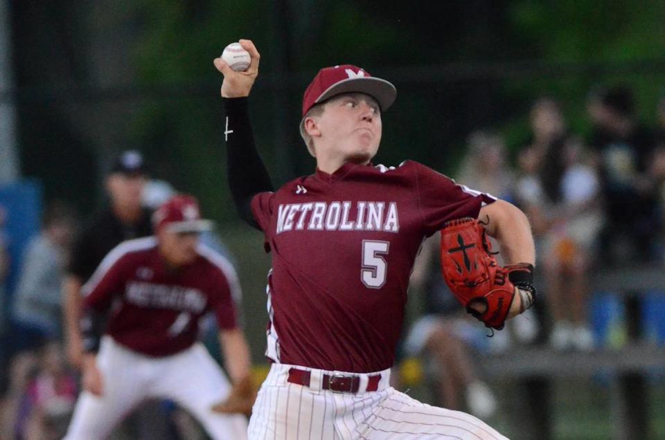 Metrolina Christian starting pitcher, #5, Chase Kiker, threw a solid game against Charlotte Christian. Metrolina Christian lead Charlotte Christian 3-0 after four innings. The Warriors of Metrolina Christian, sporting a perfect, 19-0 record, travel edto face off against the 14-5, Charlotte Christian Knights. The teams battled on Monday, April 15, 2024.