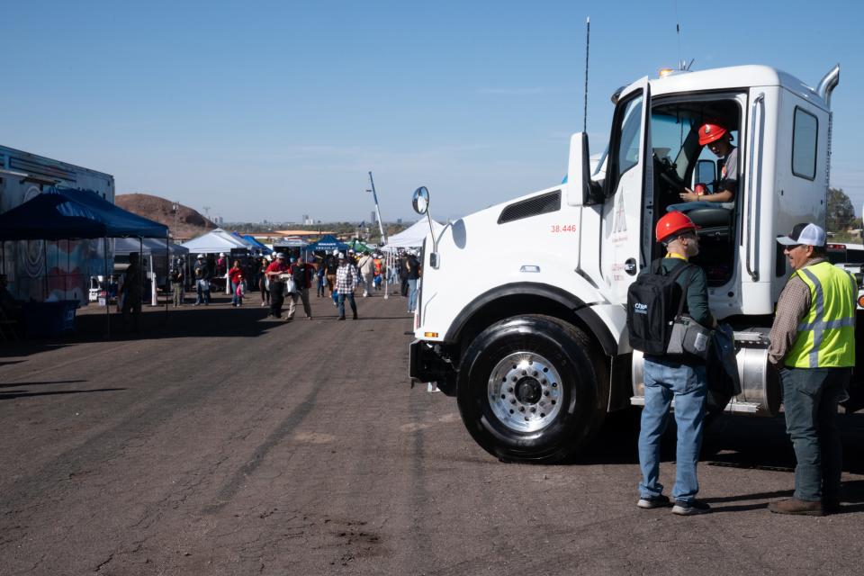 An Arizona Materials truck is on display during Arizona Construction Career Days at the Arizona National Guard in Phoenix on Nov. 1, 2023.