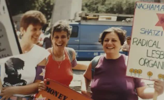 The author (right) at a Pride parade with Radical Jewish Lesbians Organizing in the early 1970s. (Photo: Photo courtesy of Shatzi Weisberger)