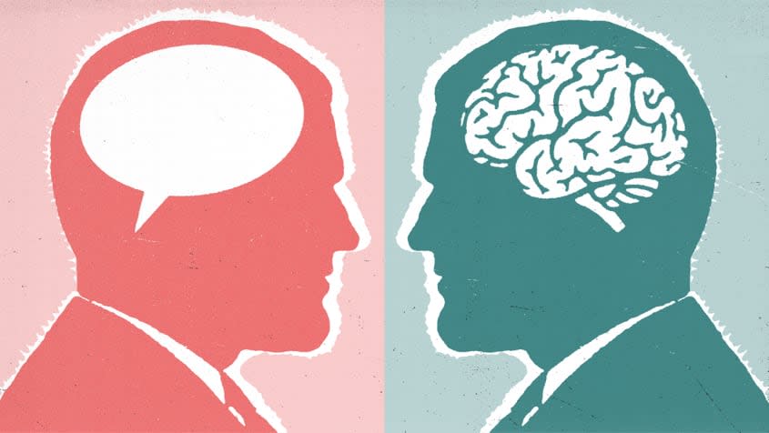 Illustration of two people, one with a brain and the other with a speech bubble