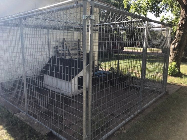 This enclosure, once used to house a dog, was repurposed to give Scoot a place to stay during the Knoblochs' vacation in Lennox, South Dakota.